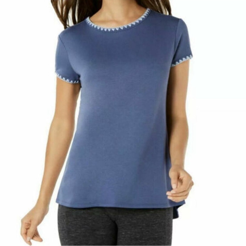 IDEOLOGY Size L Activewear Knit SS Blanket Stitch Top Koi Blue